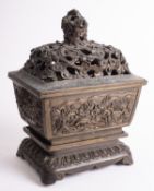 A Chinese bronze censer, cover and stand cast in relief with dragons, phoenix and mythical beasts,