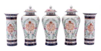 A garniture of five Edme Samson porcelain vases,