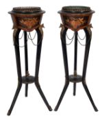 A pair of ebonised wood and marquetry jardinieres in Louis XVI style,