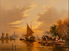 Gudrun Sibbons (German, 1924-2020) - Riverside scene with mending nets,