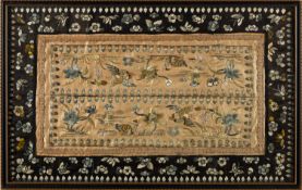 Two Chinese silk embroidered sleeve panels the larger depicting numerous figures by a pavilion in a