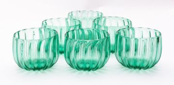 A set of six 19th century green tinted glass finger bowls of ribbed form, 12cm.