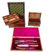 A Victorian walnut travelling jewellery box, an inlaid tea caddy,