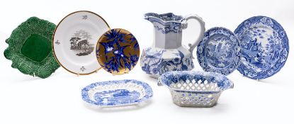 A group of 19th century English ceramics comprising a blue and white 'stone china' hydra jug,