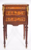 A mahogany, marble topped and gilt metal mounted petite commode in Louis XVI style,