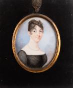 British School, 19th Century - Portrait miniature of a lady in a white dress and black negligee,