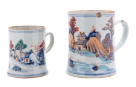 A Chinese mug and a matching smaller mug of waisted cylindrical form,