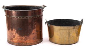 A Victorian copper coal bucket, mid 19th century; of riveted cylindrical form, with swing handle,