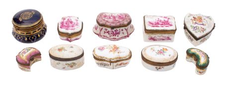 A group of Continental porcelain snuff and trinket boxes including a Sevres-style cobalt blue