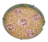 A pair of Chinese yellow-ground famille rose dishes each painted with five dragon medallions on a