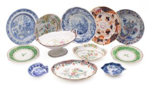 A mixed lot of 19th century blue transfer printed pottery and ironstone wares including three