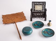 A mixed lot of Chinese works of art comprising a carved and pierced celadon jade plaque with