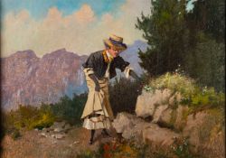Continental School (early 20th Century) - A woman picking up flowers in an Alpine landscape - Oil