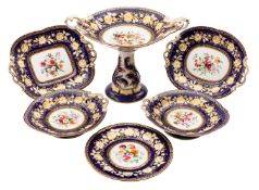 An English porcelain part dessert service painted with floral bouquets reserved on a dark blue
