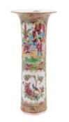 A Chinese Canton famille rose sleeve vase painted with figures on a terrace, exotic birds,