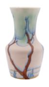 A Clarice Cliff Bizarre vase, shape 385, painted in muted tones in the Gloria Bridge pattern,