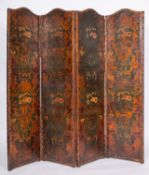 A Continental painted leather four fold room screen,