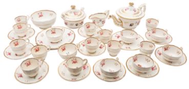 An English porcelain part tea and coffee service painted with floral sprays and single pink roses,