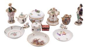 A mixed lot of English and Continental ceramics including two miniature teapots and covers,