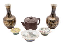 A mixed lot of Chinese ceramics comprising a pair of gilt decorated black ground 'Dragon' bottle