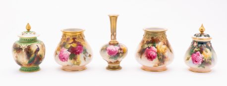 A group of five Royal Worcester Hadley vases painted with pink roses and a peacock,