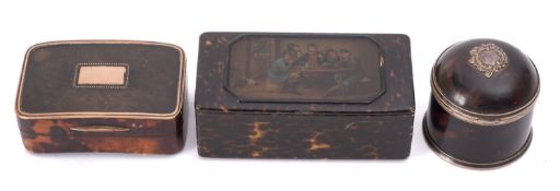 A mid 19th century Russian lacquer rectangular snuff box by Lukutin together with two tortoiseshell