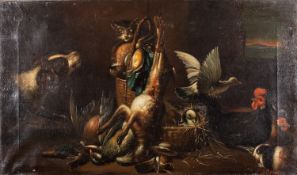 Continental School, 19th Century - Dogs guarding the bag - A pair of oils on canvas - Each 36 x 60.