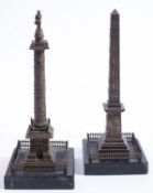 A pair of Grand Tour bronze and marble mounted models of the Colonne Vendôme and the Luxor Obelisk,