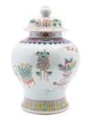 A Chinese famille rose baluster jar & cover painted with auspicious objects and emblems within