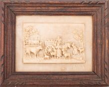 An Italian carved alabaster relief depicting a rural landscape, late 19th century; with figures,