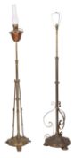 Two brass standard lamps, circa 1900; one with glass flue, burner and copper reservoir,