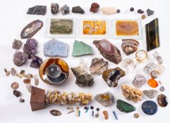 A collection of geological and mineral specimens; including desert rose gypsum, tiger's eye,