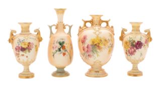 A pair of Royal Worcester blush ivory vases and two similar vases painted with floral sprays and