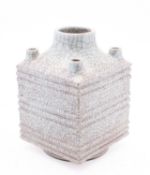 A Chinese Guan-type pale celadon Cong vase, of archaic and ribbed jade form,