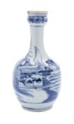 A Chinese blue and white guglet with garlic neck and painted overall with a lake scene,