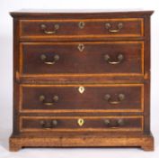 An oak chest of drawers, first half 18th century; the top with moulded edges,