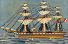A 19th-century woolwork 'HMS Doris' standing and running rigged with White Ensign to stern and