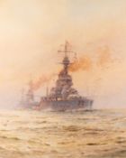 J.H.Batchelor (British, 1936-2019) - H.M.S. Champion leaving Portsmouth - Watercolour - 25 x 47.