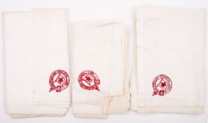 Three Australian -Orient Line bed sheets, each with red embroidered crest.