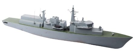 A scale reference model of a Royal Navy frigate, fitted areal masts, radar array,