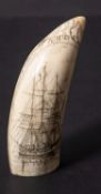 A Scrimshaw decorated tooth with incised image of a ship with leaf border and inscribed 'Rufus', 13.