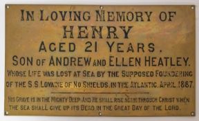 A Victorian brass shipwreck memorial for Henry Heatley, circa 1887,