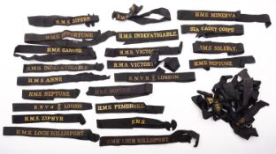 A collection of WWI and WWII hat tallies, including two for HMS 'Lock Killisport',