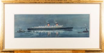 Frank Watson Wood (British, 1862-1953) - The Cunarder RMS Queen Elizabeth at night,
