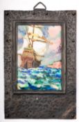 An early 20th century enamelled and parcel gilt picture of a ship in full sail, framed in copper,