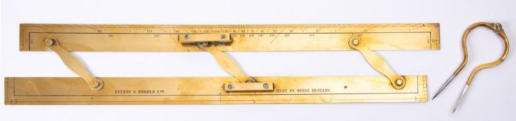 A brass parallel rule stamped 'Kelvin & Hughes, together with a pair of brass dividers.