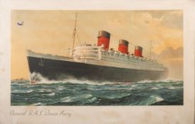 Five colour prints of liners: RMS Queen Elizabeth, Cunard White Star RMS Soronia,