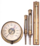 Two brass cased boiler thermometers, both unsigned, together with an 'Automatic Sprinkler Gauge',