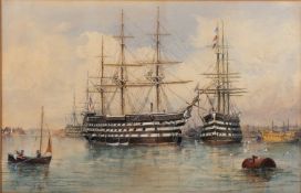 Algernon Yockney (British, 1843-1912) HMS Victory and other Men O'War Watercolour 41 x 63.
