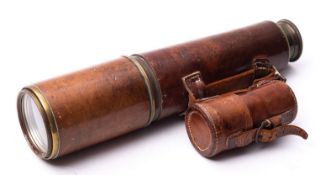 A WWI period leather cased three draw telescope, maker R & J Beck Ltd, London,